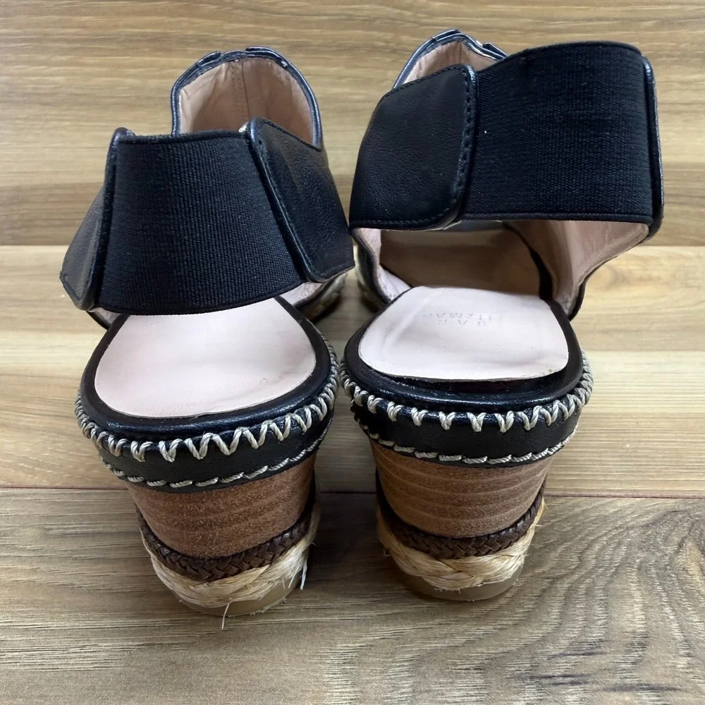 Stuart‎ Weitzman Chain Wedge Sandals Womens 7.5 M Black Leather Slingback